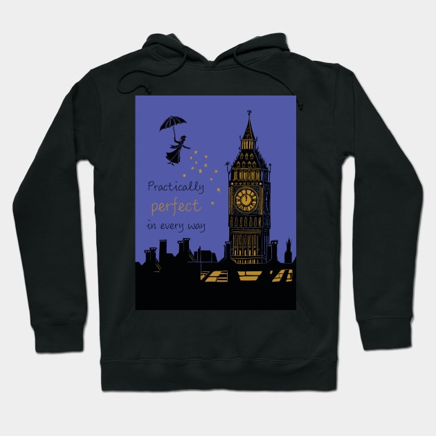 Mary Poppins Practically Perfect in Every Way Linocut Silhouette on Purple Hoodie by Maddybennettart